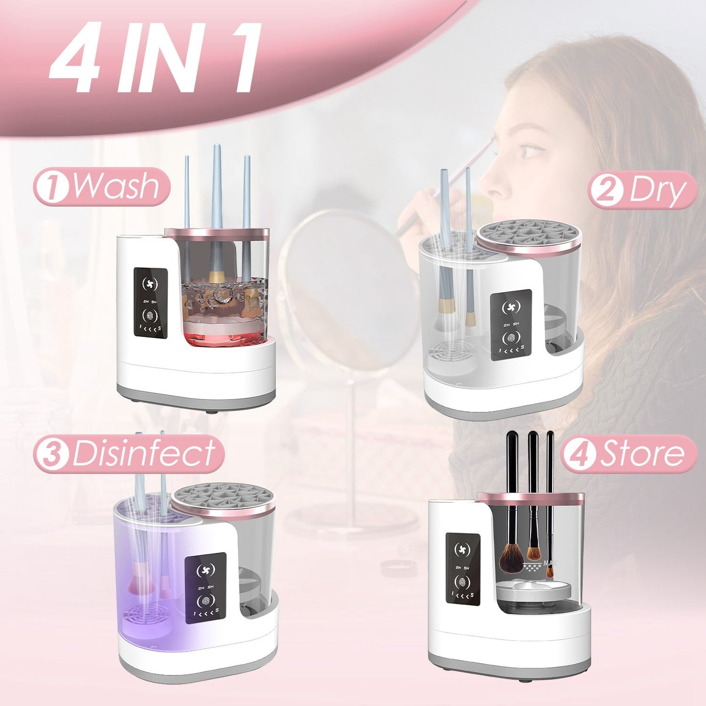 4 In 1 Electric Makeup Brush Cleaner USB Powered Automatic Brush Blender Machine With Timer Digital Display Cleaning Drying UV Disinfection Brush Storage For All Types Of Brushes Valentines Day Gift - Beautybienetre.
