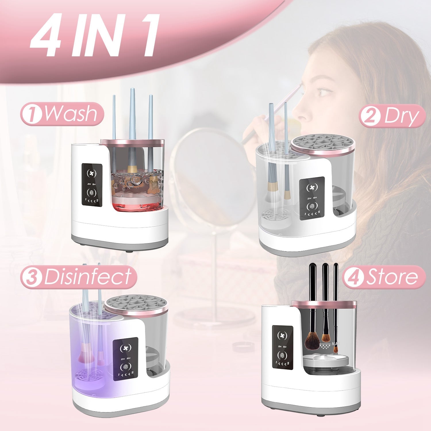 4 In 1 Electric Makeup Brush Cleaner USB Powered Automatic Brush Blender Machine With Timer Digital Display Cleaning Drying UV Disinfection Brush Storage For All Types Of Brushes Valentines Day Gift - Beautybienetre.