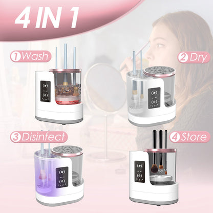 4 In 1 Electric Makeup Brush Cleaner USB Powered Automatic Brush Blender Machine With Timer Digital Display Cleaning Drying UV Disinfection Brush Storage For All Types Of Brushes Valentines Day Gift - Beautybienetre.