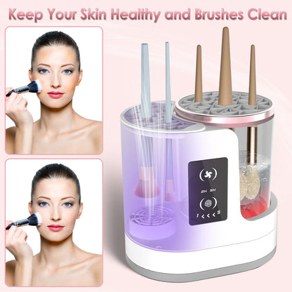 4 In 1 Electric Makeup Brush Cleaner USB Powered Automatic Brush Blender Machine With Timer Digital Display Cleaning Drying UV Disinfection Brush Storage For All Types Of Brushes Valentines Day Gift - Beautybienetre.
