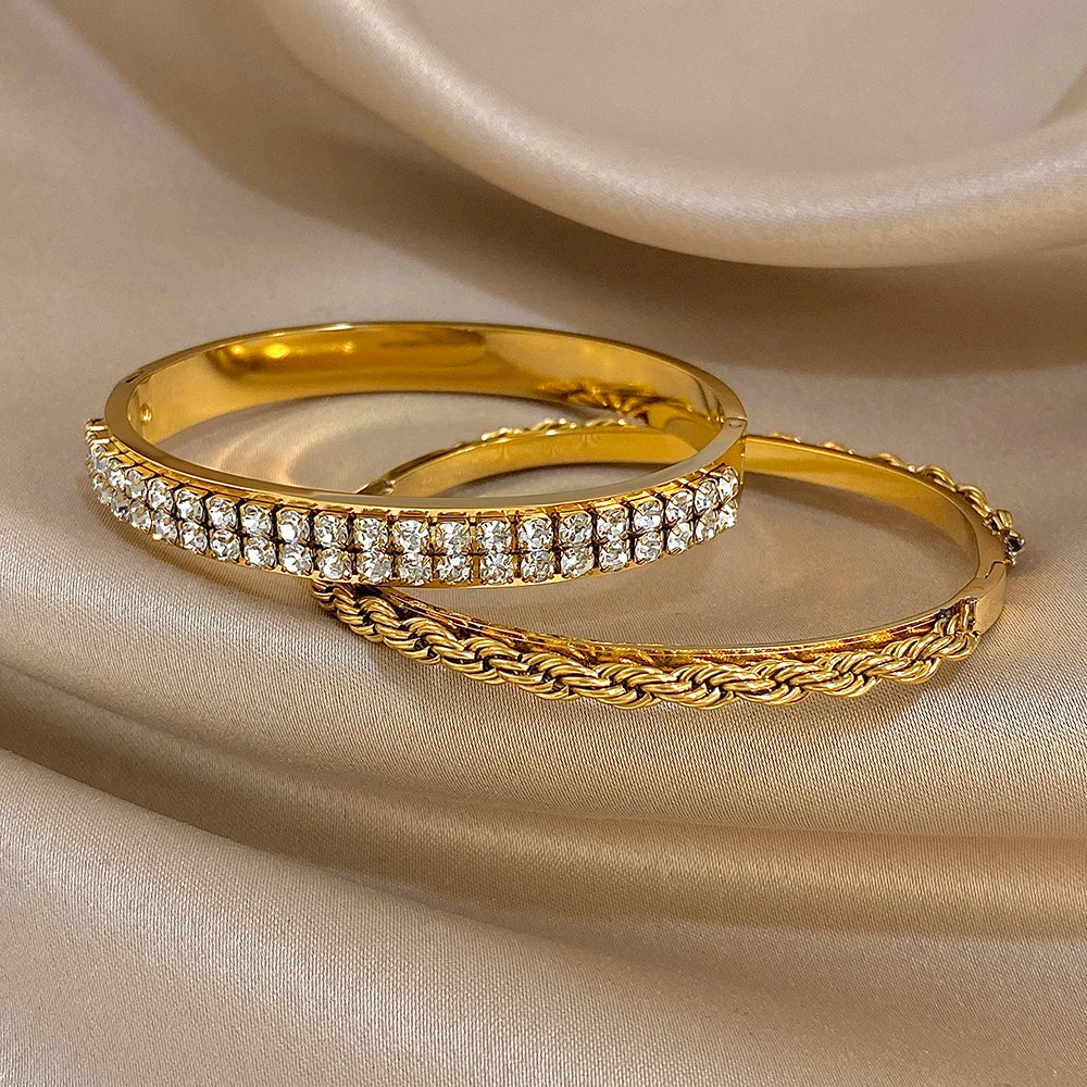 Bracelet manchette torsadé en Zircon incrusté brillant plaqué or 18 carats pour femmes, mode géométrique, étanche, breloques empilables, bijoux cadeaux