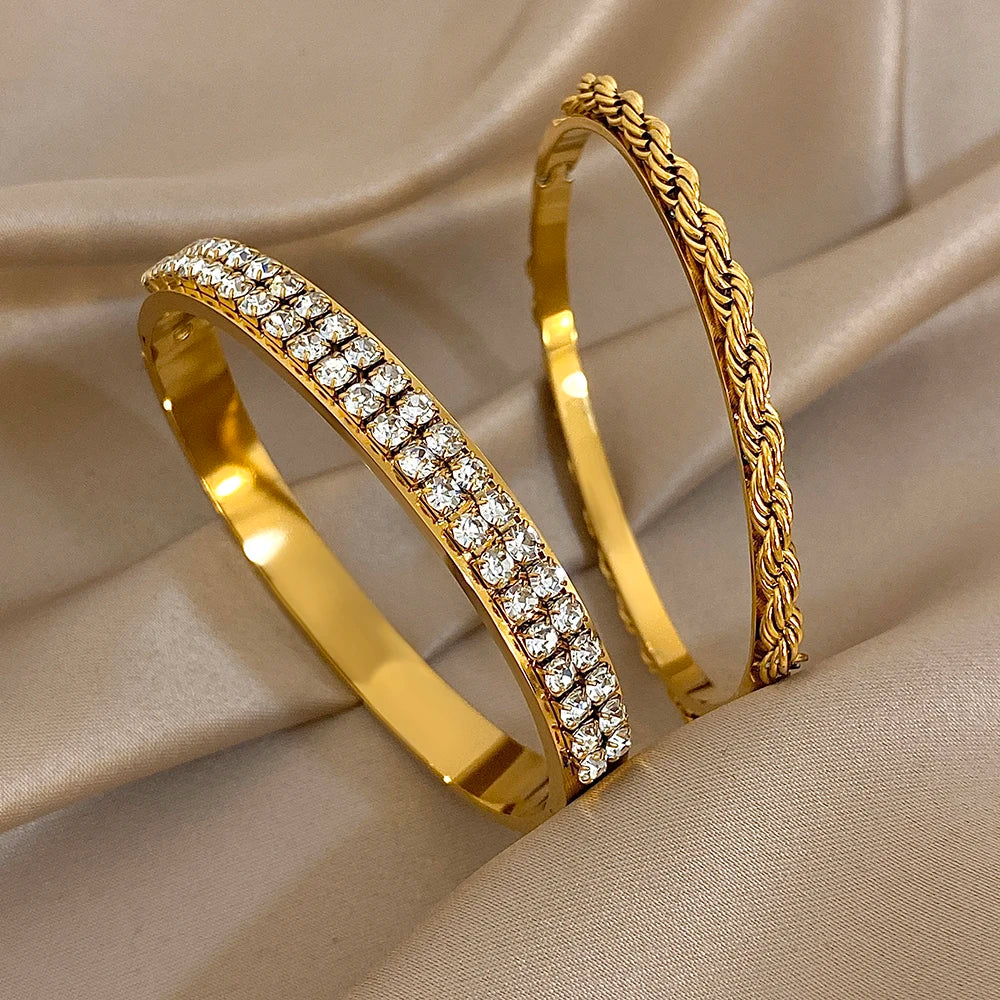 Bracelet manchette torsadé en Zircon incrusté brillant plaqué or 18 carats pour femmes, mode géométrique, étanche, breloques empilables, bijoux cadeaux