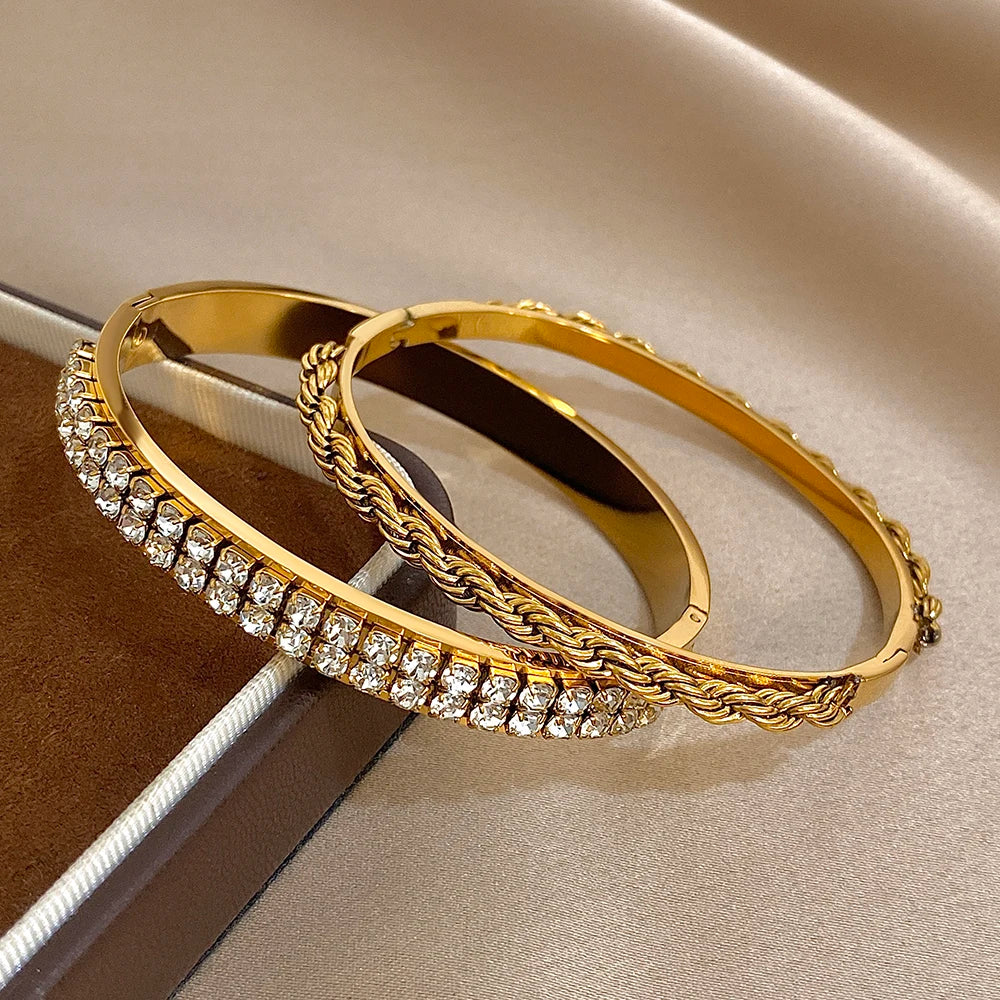 Bracelet manchette torsadé en Zircon incrusté brillant plaqué or 18 carats pour femmes, mode géométrique, étanche, breloques empilables, bijoux cadeaux