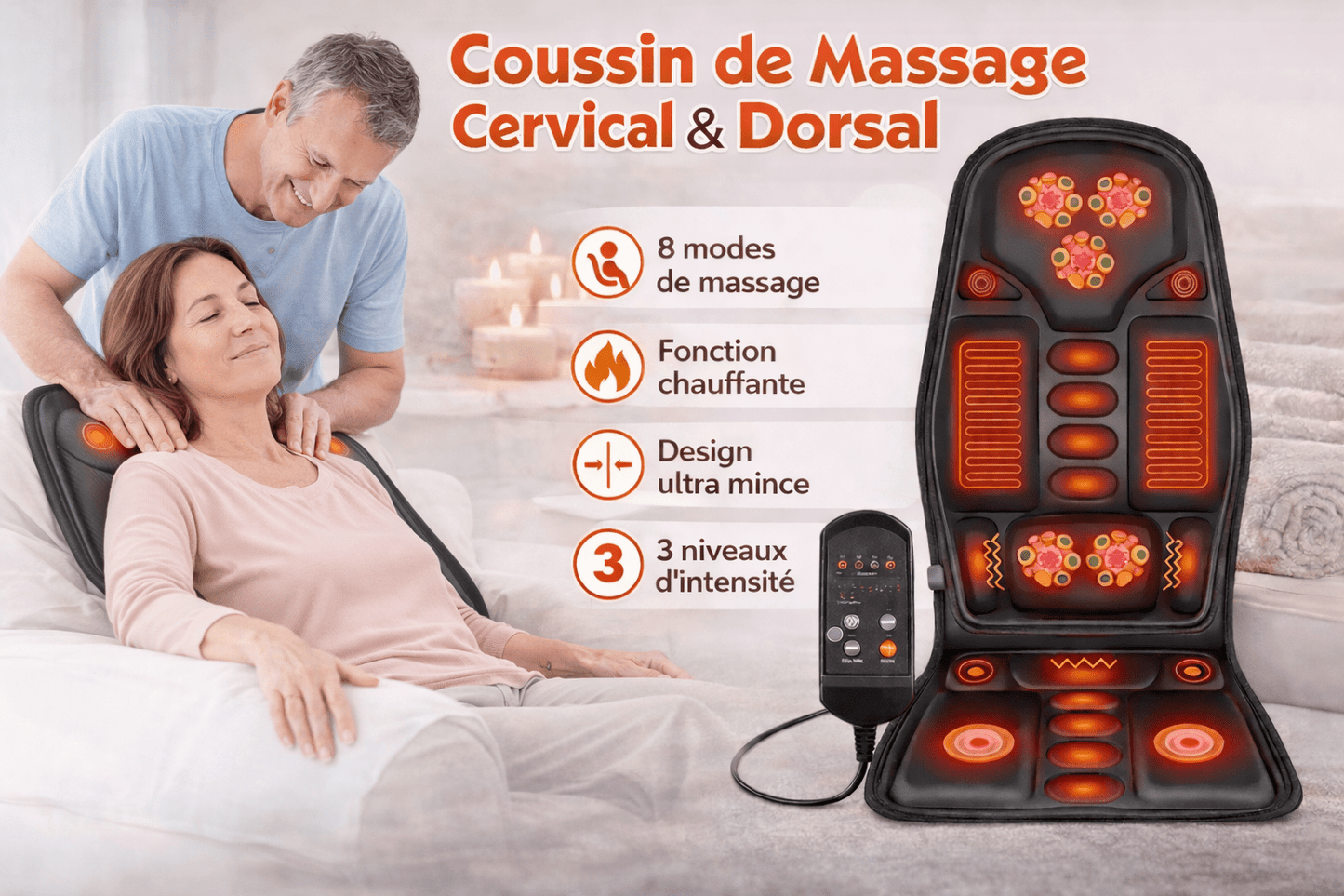 Coussin de Massage Électrique Cervical et Dorsal 8 Modes | Soulagement Ciblé et Relaxation - Beautybienetre.