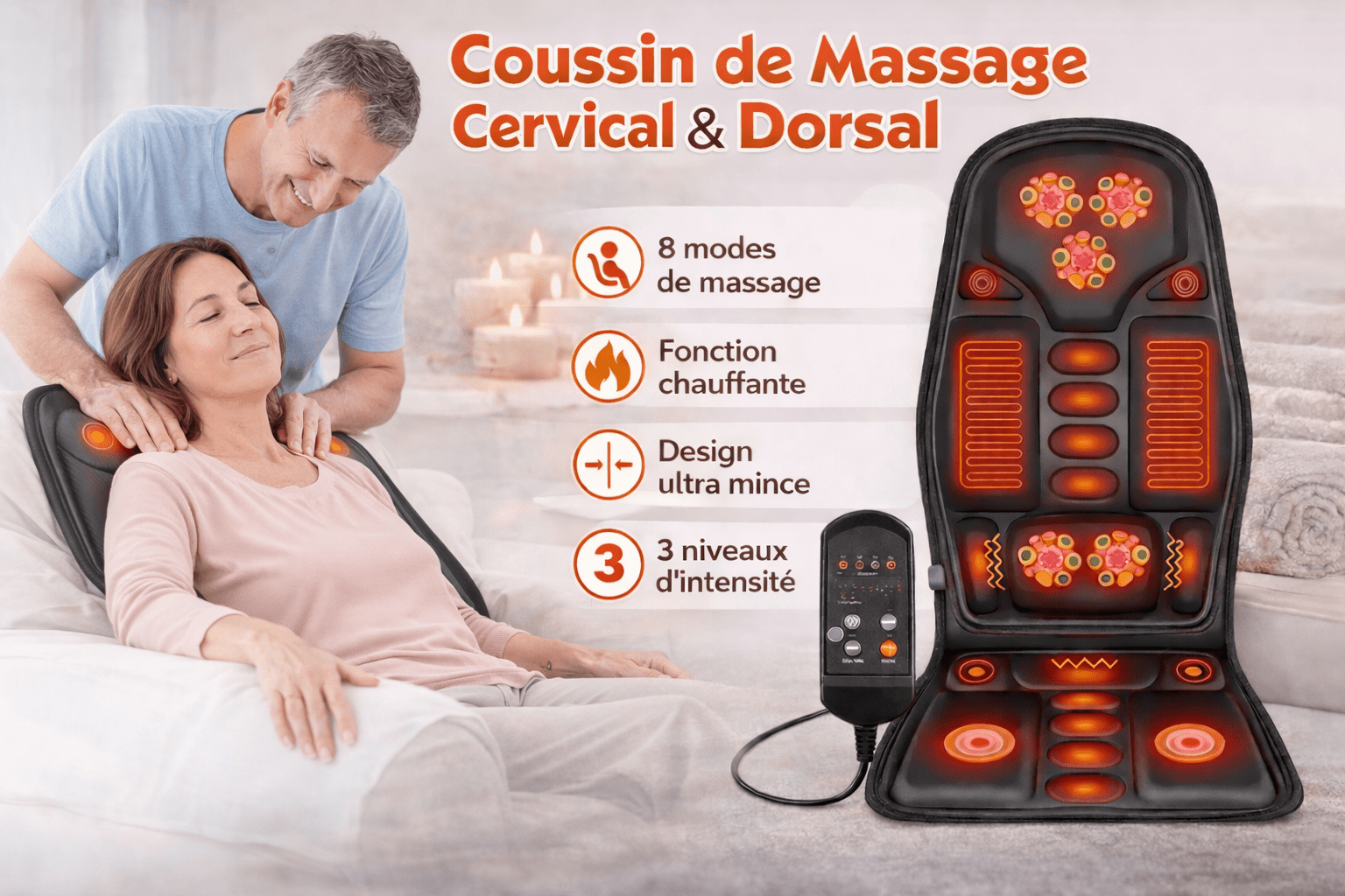 Coussin de Massage Électrique Cervical et Dorsal 8 Modes | Soulagement Ciblé et Relaxation - Beautybienetre.