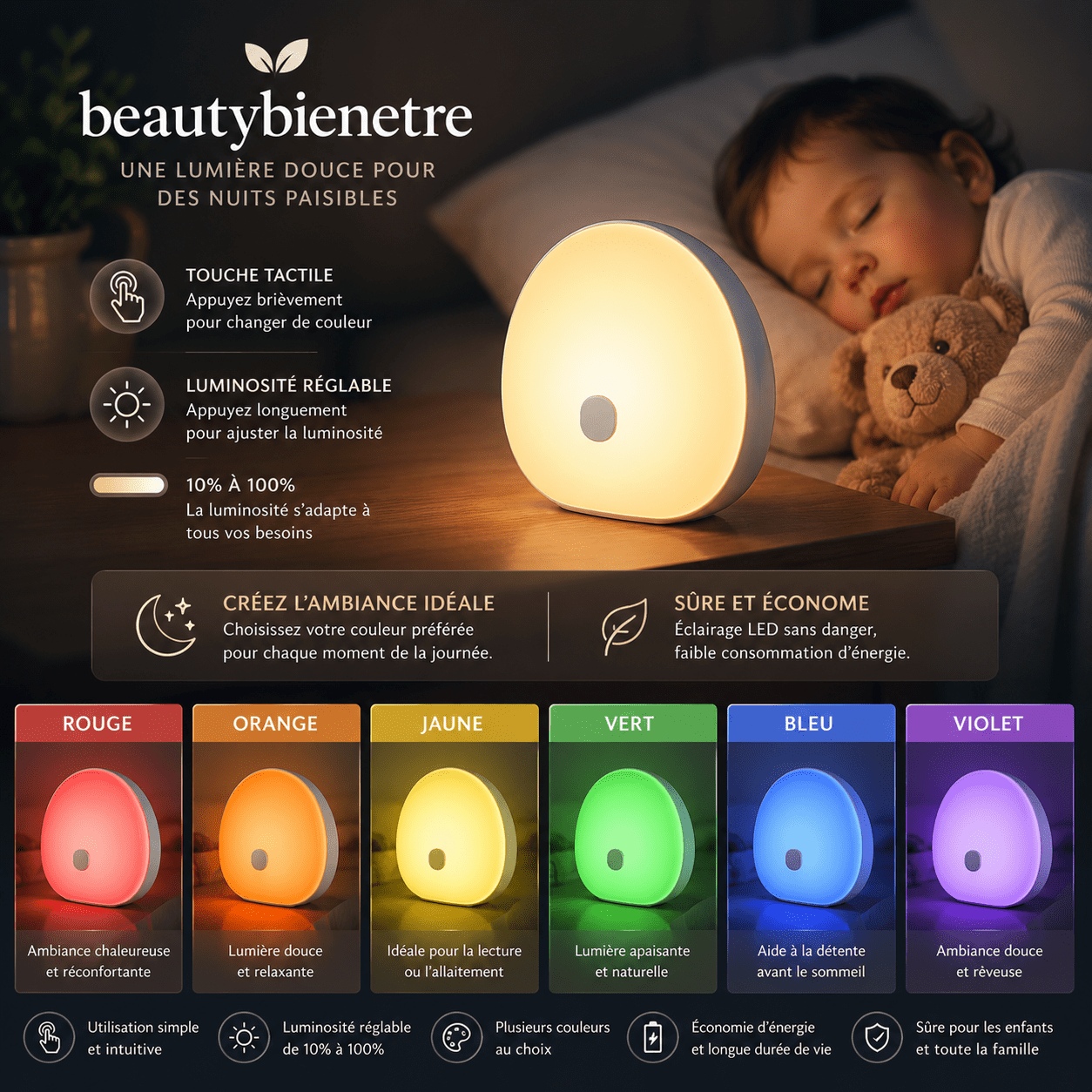 Machine à Bruit Blanc — Veilleuse LED RGB Tactile Rechargeable | Son Apaisant pour Bébé & Adulte - Beautybienetre.