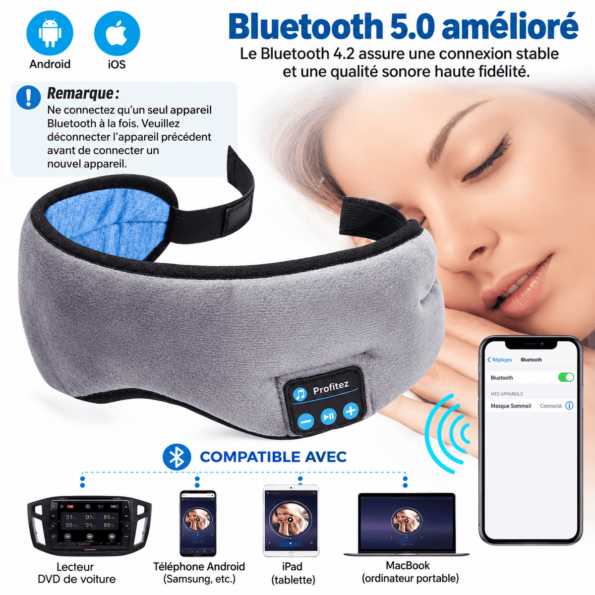 Masque de sommeil Bluetooth avec écouteurs intégrés - Beautybienetre.