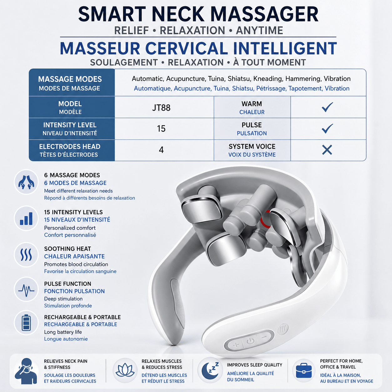 Masseur Cervical TENS – Stimulation EMS & Chauffage, Sans Fil - Beautybienetre.