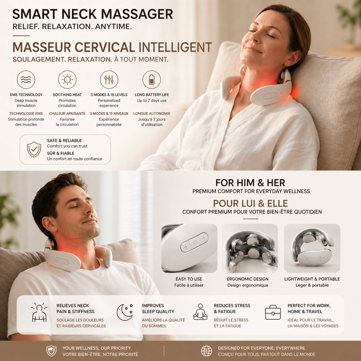 Masseur Cervical TENS – Stimulation EMS & Chauffage, Sans Fil - Beautybienetre.