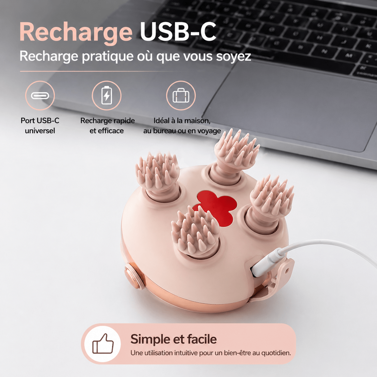 Masseur de tête de Massage de tête, Instrument anti - Stress du cuir chevelu avec 8 têtes de Massage en Silicone, outil de Massage de fatigue de tête Rechargeable - Beautybienetre.