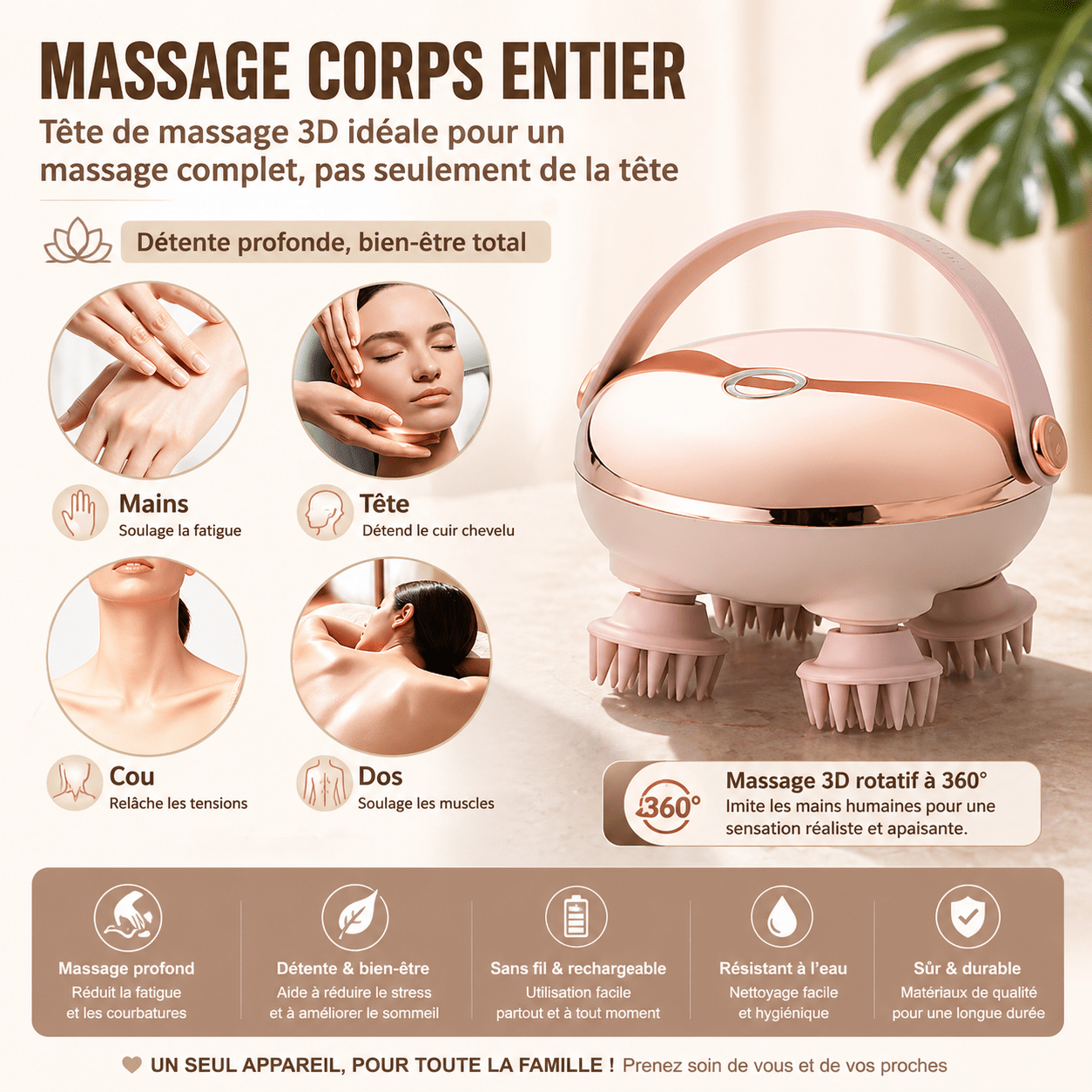 Masseur de tête de Massage de tête, Instrument anti - Stress du cuir chevelu avec 8 têtes de Massage en Silicone, outil de Massage de fatigue de tête Rechargeable - Beautybienetre.