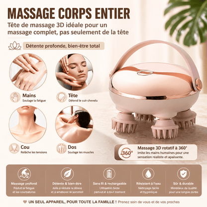 Masseur de tête de Massage de tête, Instrument anti - Stress du cuir chevelu avec 8 têtes de Massage en Silicone, outil de Massage de fatigue de tête Rechargeable - Beautybienetre.