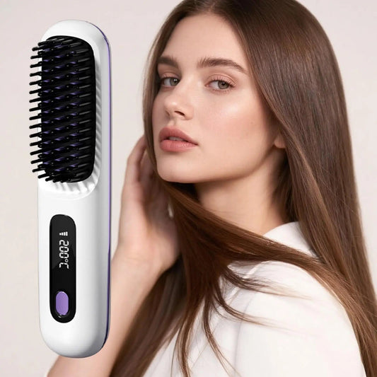 Peigne chauffant électrique pour lisser les cheveux, brosse lissante rechargeable par USB, sans fil, portable, outil de coiffage à ions négatifs - Beautybienetre.