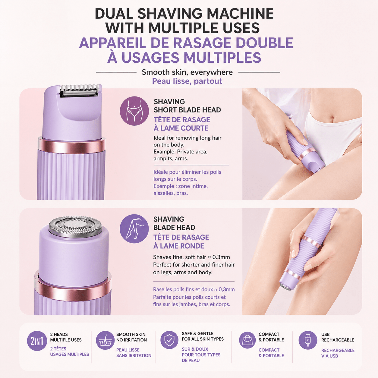 Tondeuse à cheveux électrique portable pour hommes et femmes, rasoir avec fonction d'épilation, 2 en 1 - Beautybienetre.